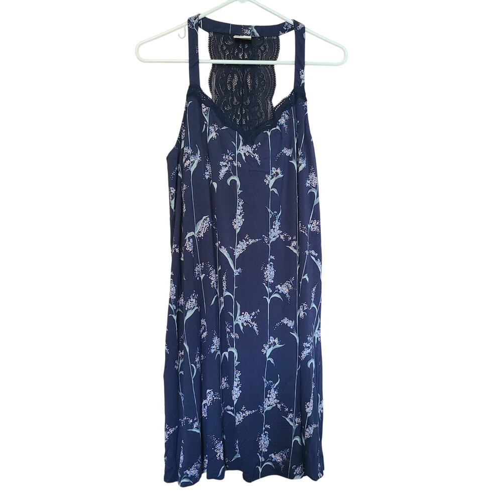 Soma Chemise Nightgown Dress Womens M Blue Floral Lace Lounge Pajamas